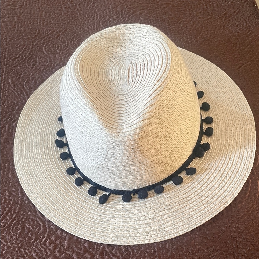 Sole Society Cream Hat with Black Pom-Pom Trim